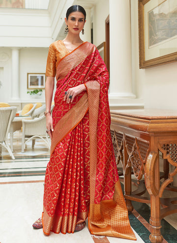 Red Color Bandhani Patola Print Silk Saree for Karwa Chauth
